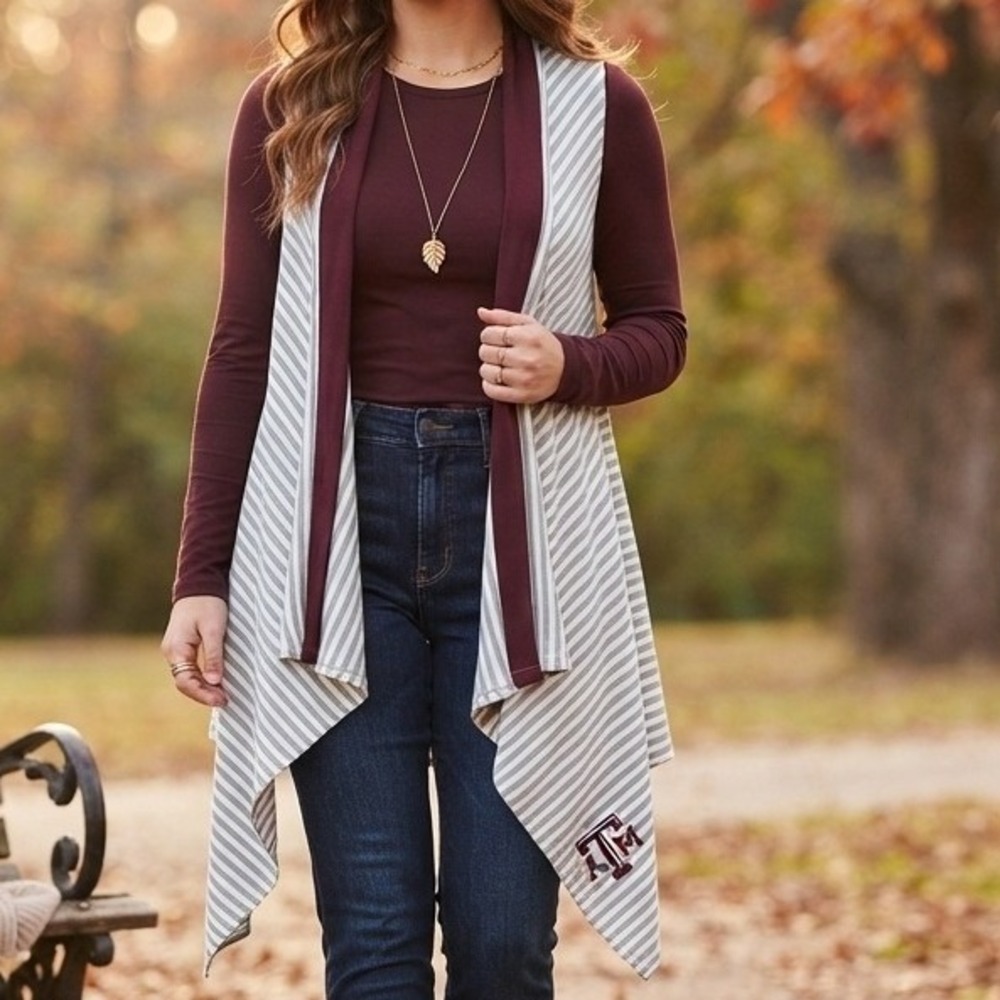 NWT Emerson Street Texas A&M Aggies Vest Cardigan Striped Cotton Gray Maroon XL